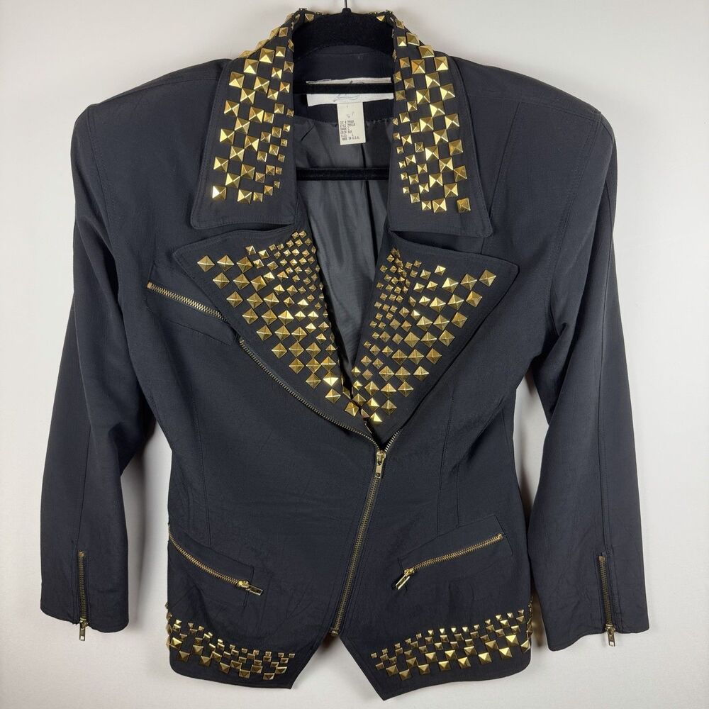 Lillie Rubin Vintage Jacket Womens Large Black Gold Studded Asymmetrical Zipper